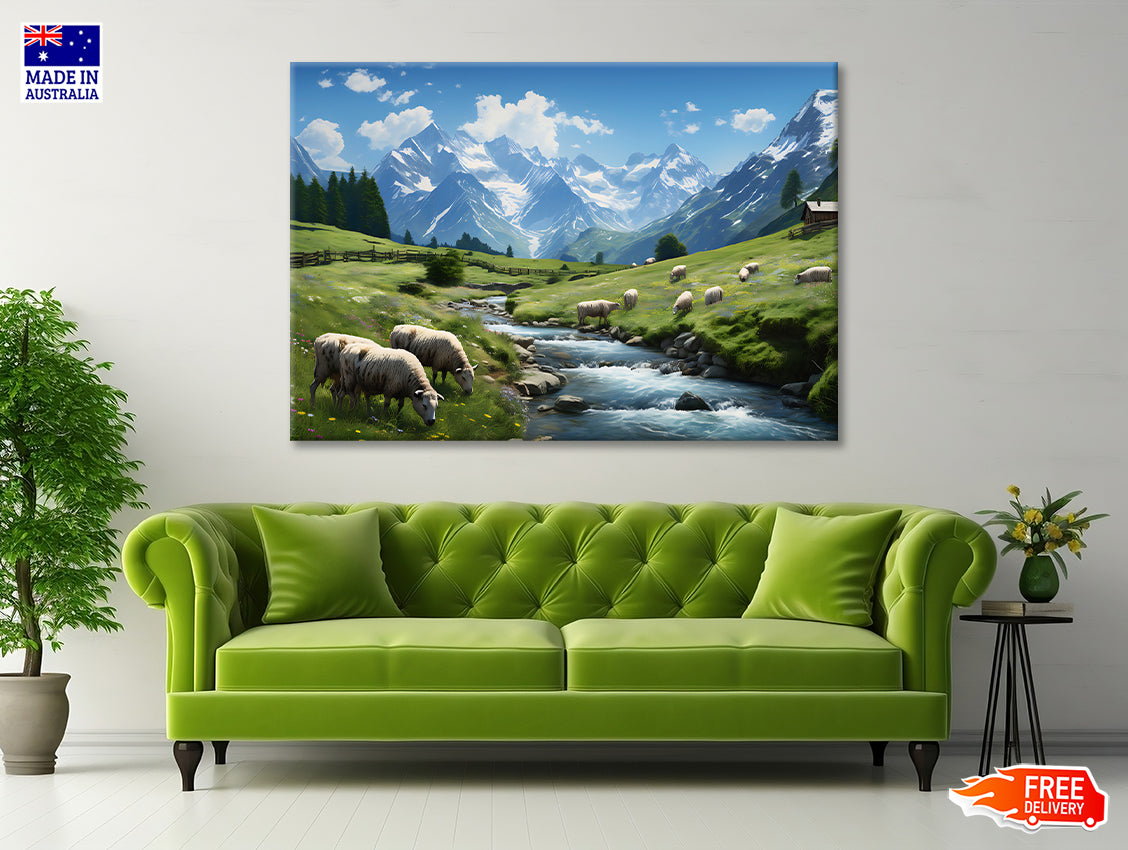 Herd of Sheep Grazing On a Grassy Hill Print 100% Australian Made - Bella Home Decor
