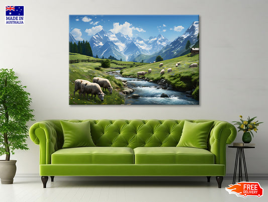 Herd of Sheep Grazing On a Grassy Hill Print 100% Australian Made - Bella Home Decor