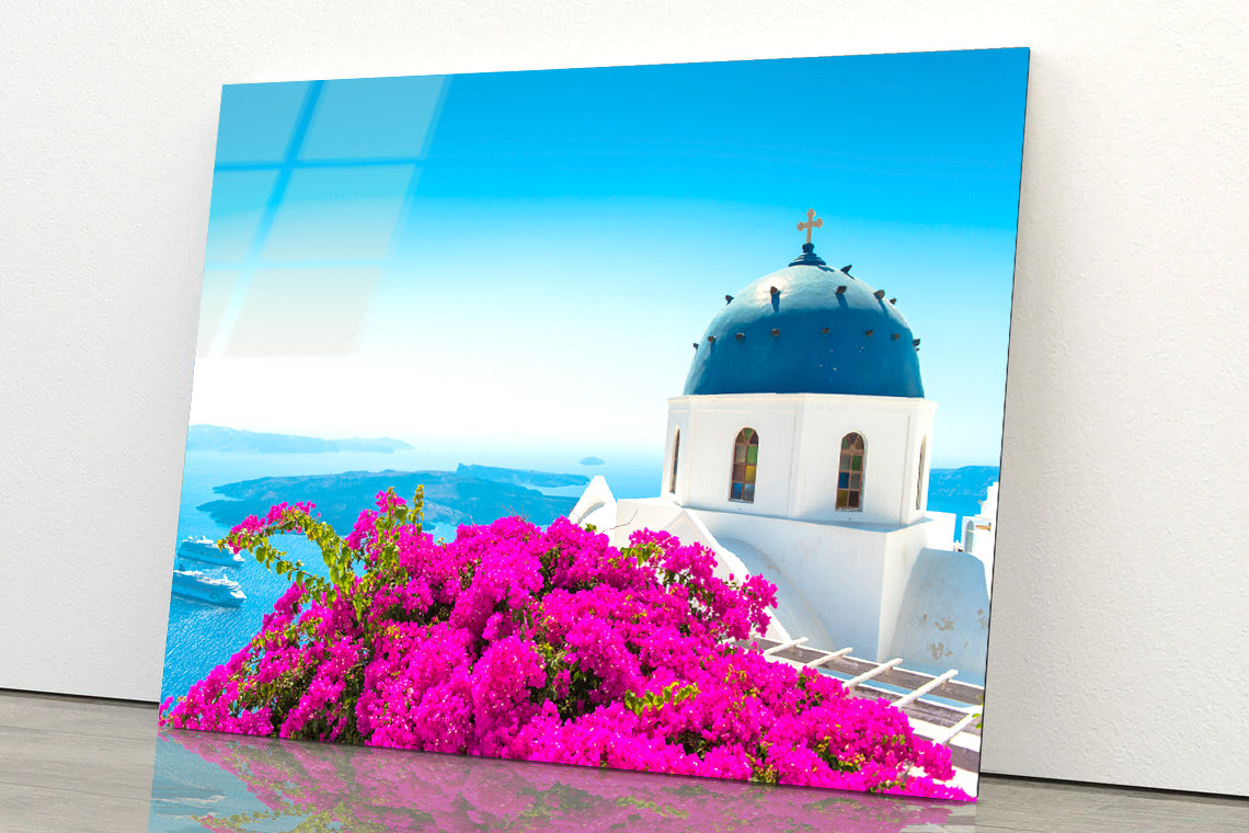 Pink Bougainvillea in Santorini Acrylic Glass Print Tempered Glass Wall Art 100% Made in Australia Ready to Hang - Bella Home Decor
