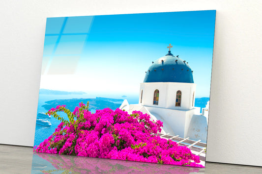 Pink Bougainvillea in Santorini Acrylic Glass Print Tempered Glass Wall Art 100% Made in Australia Ready to Hang - Bella Home Decor