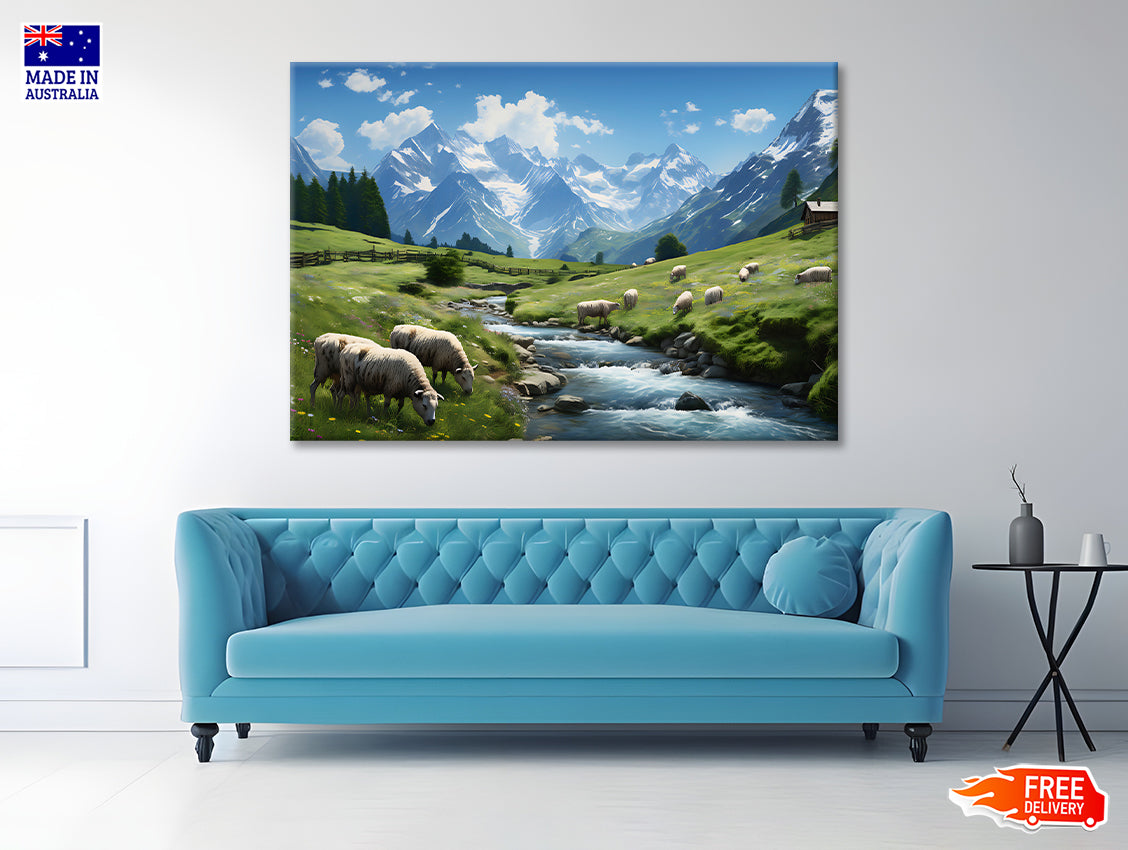 Herd of Sheep Grazing On a Grassy Hill Print 100% Australian Made - Bella Home Decor