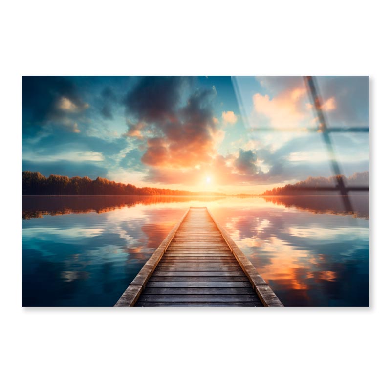Wooden Pier Over a Calm Lake During Sunrise  Acrylic Glass Print Tempered Glass Wall Art 100% Made in Australia Ready to Hang - Bella Home Decor