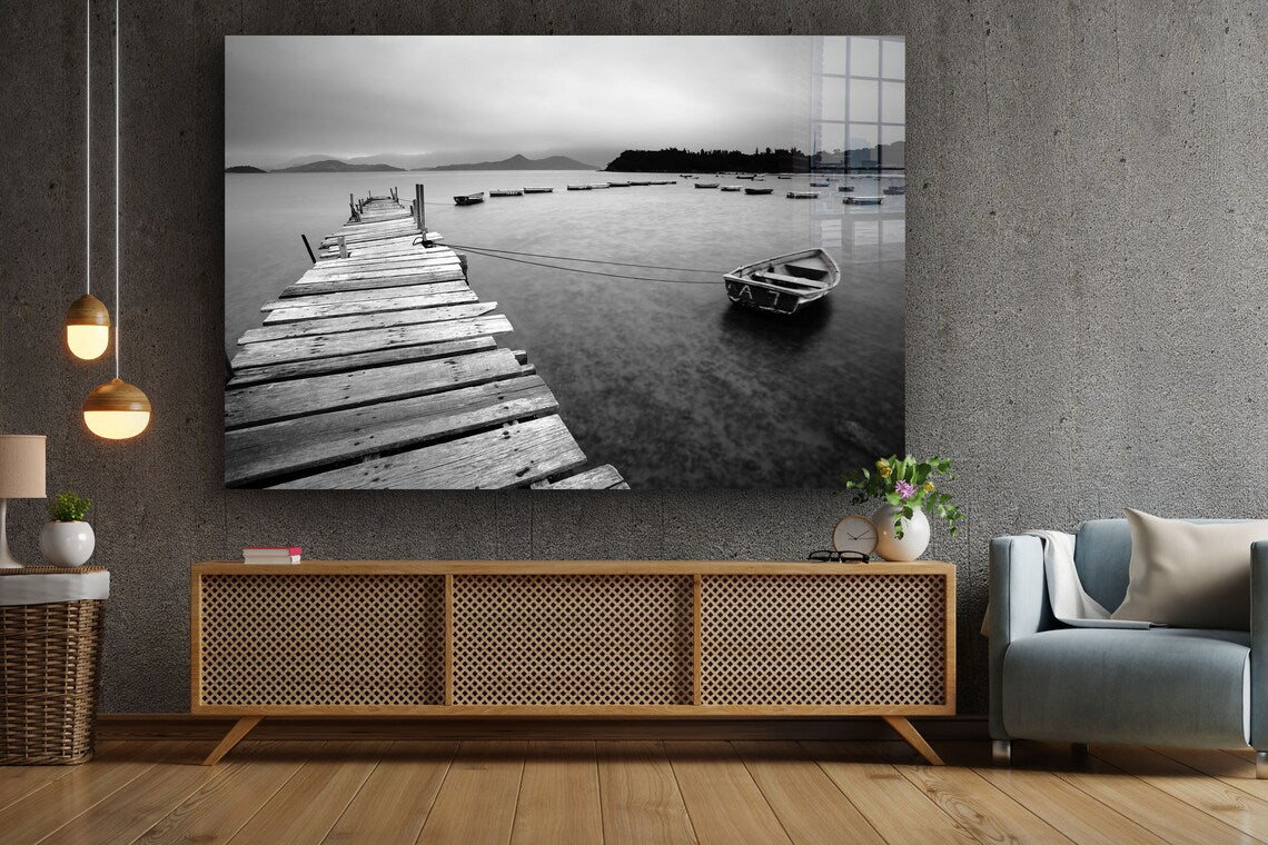 Wooden Pier & Boat B&W UV Direct Aluminum Print Australian Made Quality