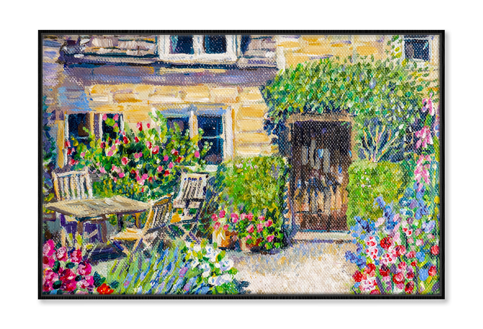 Patio Garden Table with Plants Oil Painting Wall Art Limited Edition High Quality Print Canvas Box Framed Black