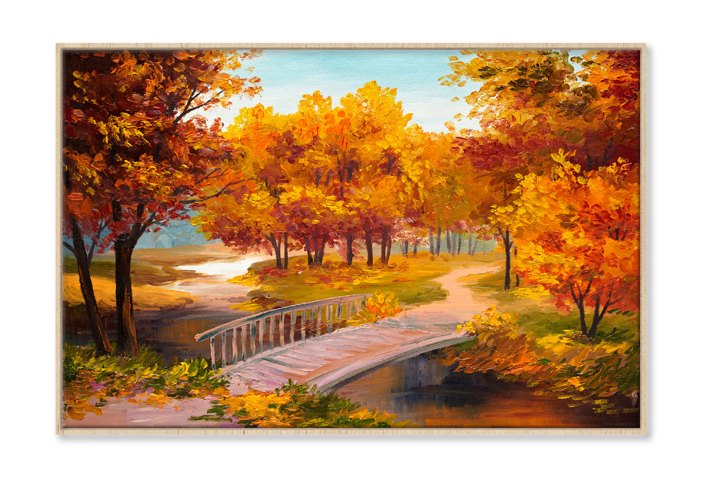 Autumn Forest With A River & Bridge Over The River Painting Wall Art Limited Edition High Quality Print Canvas Box Framed Natural