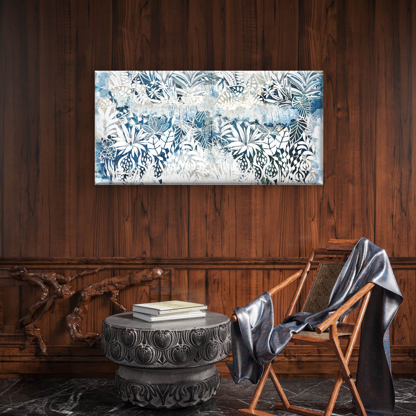 Distressed Blue Tropical Leaf Abstract Painting Wall Art Canvas Office Home Room Framed 120x60cm