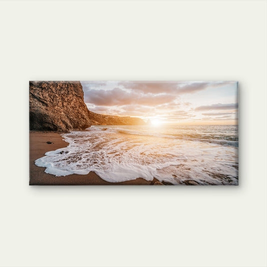 Sea Sunset Waves Crash into Rock Pebbles Volcanic Wall Art Canvas Office Home Room Framed 120x60cm