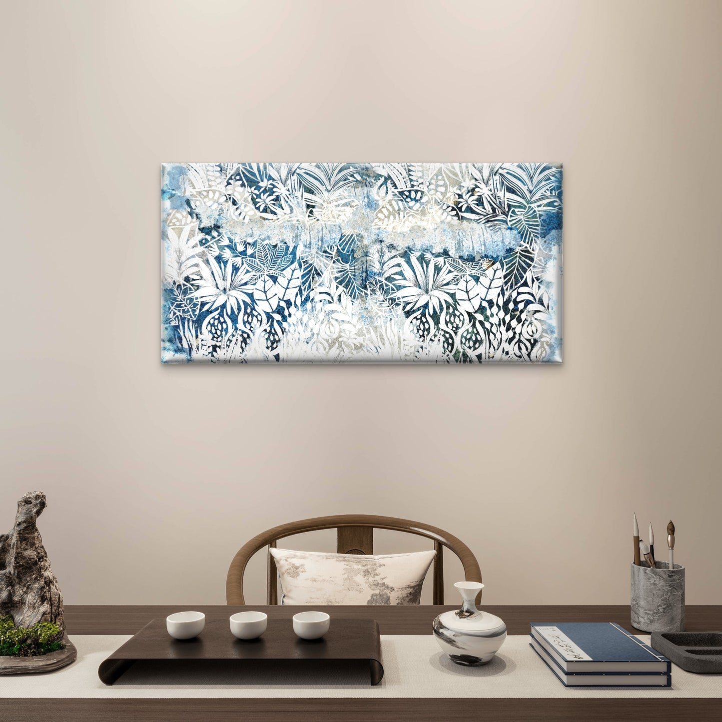 Distressed Blue Tropical Leaf Abstract Painting Wall Art Canvas Office Home Room Framed 120x60cm