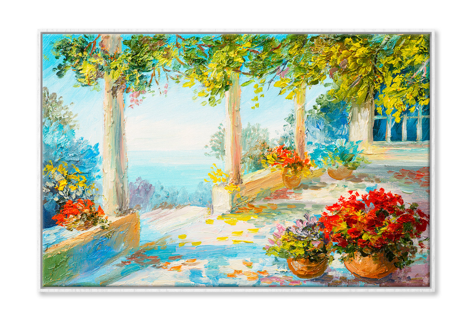 Flower Vase & Terrace Near The Sea Oil Painting Wall Art Limited Edition High Quality Print Canvas Box Framed White