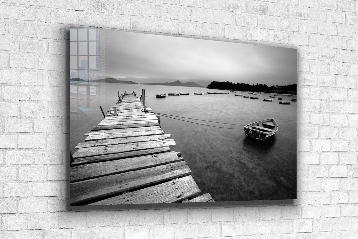 Wooden Pier & Boat B&W UV Direct Aluminum Print Australian Made Quality