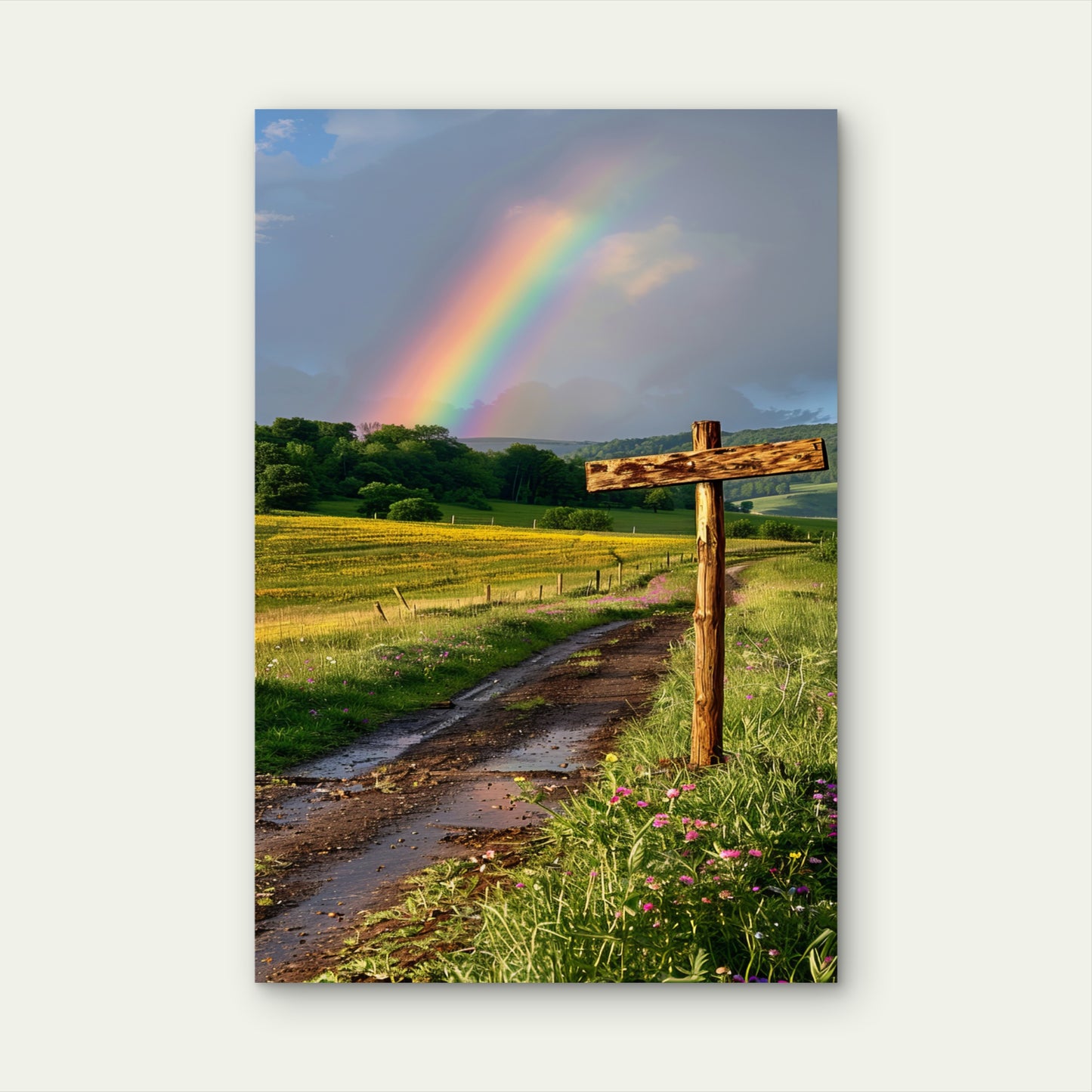 Rainbow Appearing End Grass Field Path 40x60cm Metal Print Ready to Hang