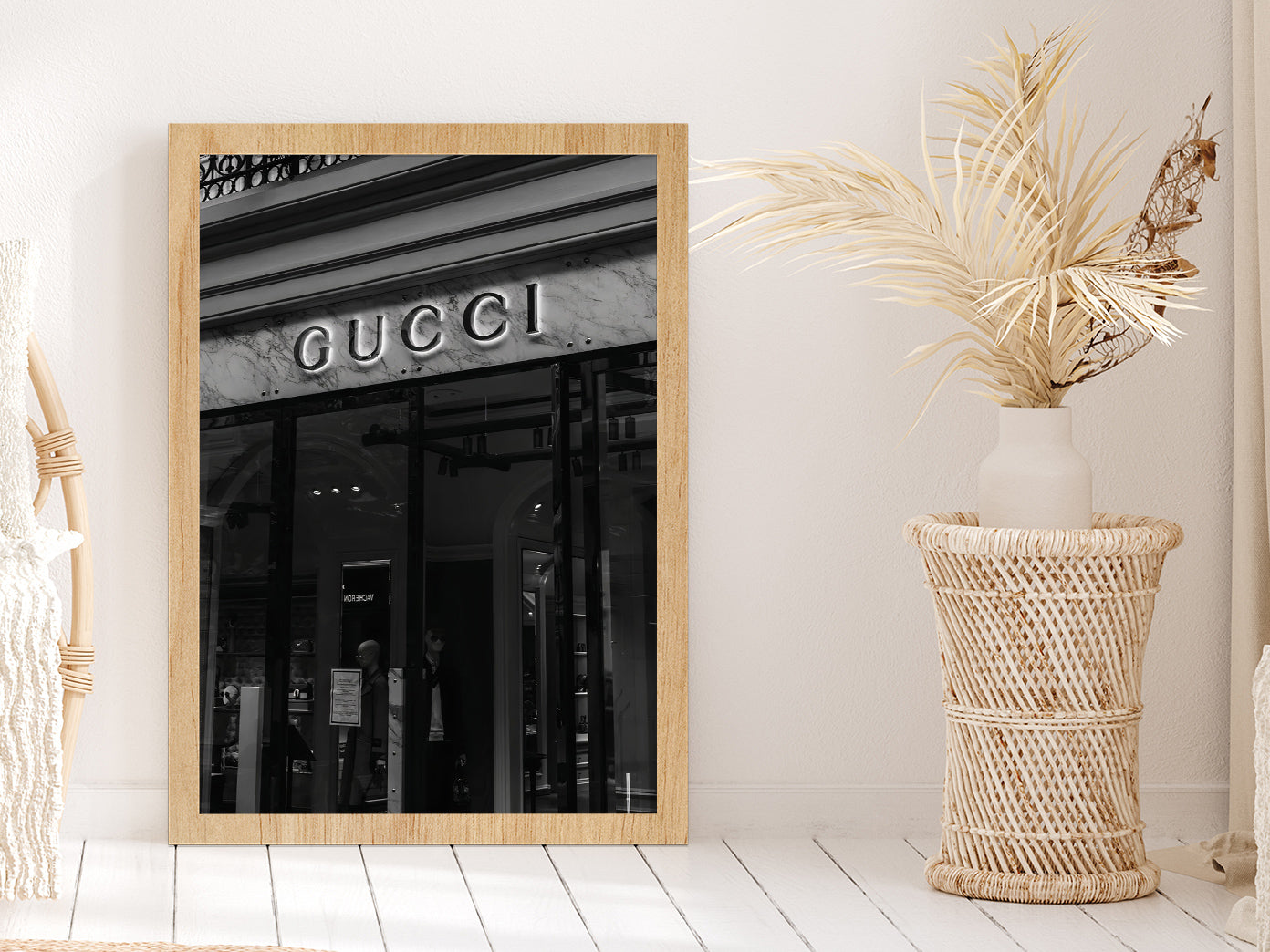 Fashion Store Front B&W Photograph Glass Framed Wall Art, Ready to Hang Quality Print Without White Border Oak