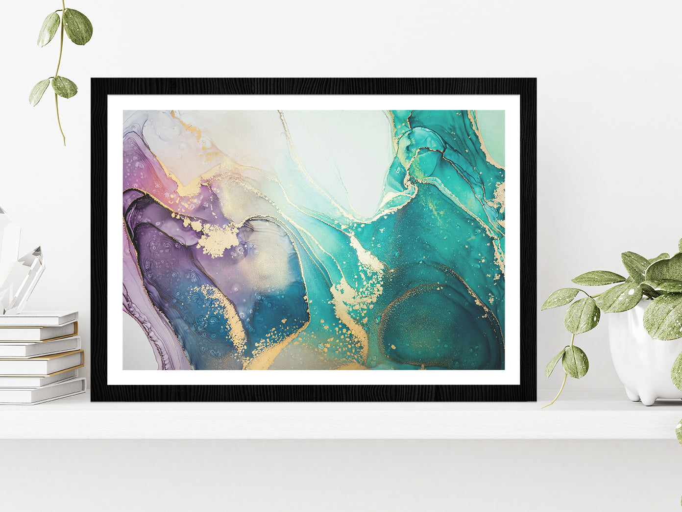 Blue Pink Gold Abstract Fluid Art Glass Framed Wall Art, Ready to Hang Quality Print With White Border Black