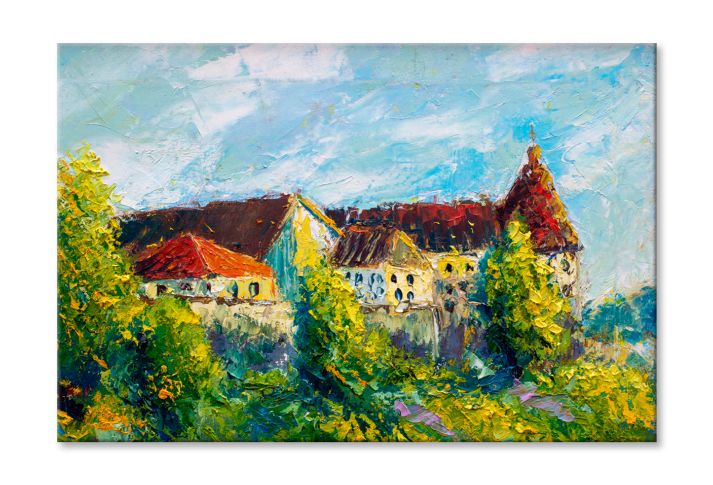 Old Big Castle With Red Roofs & Towers Oil Painting Wall Art Limited Edition High Quality Print Stretched Canvas None