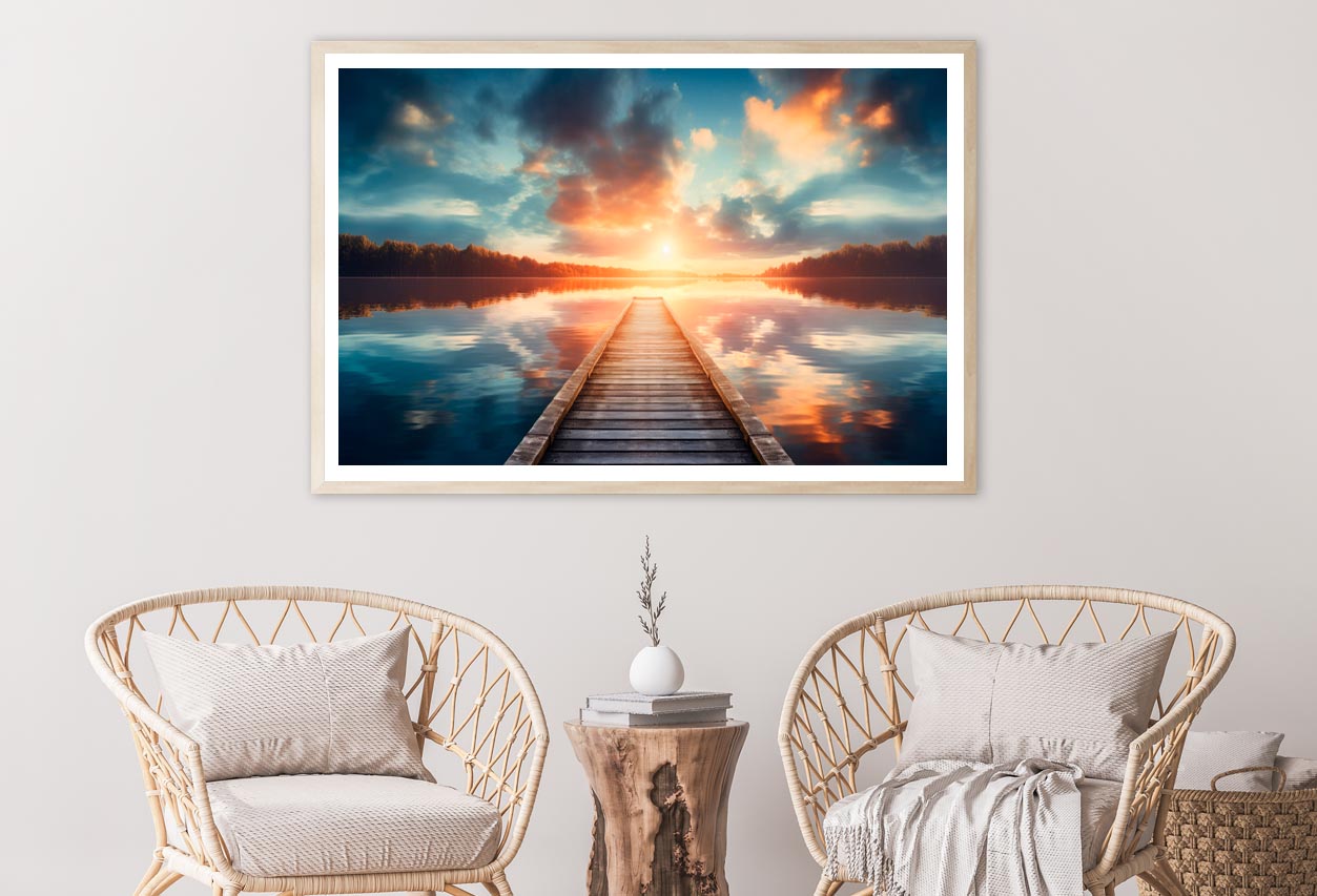 Wooden Pier Over a Calm Lake During Sunrise Home Decor Premium Quality Poster Print Choose Your Sizes