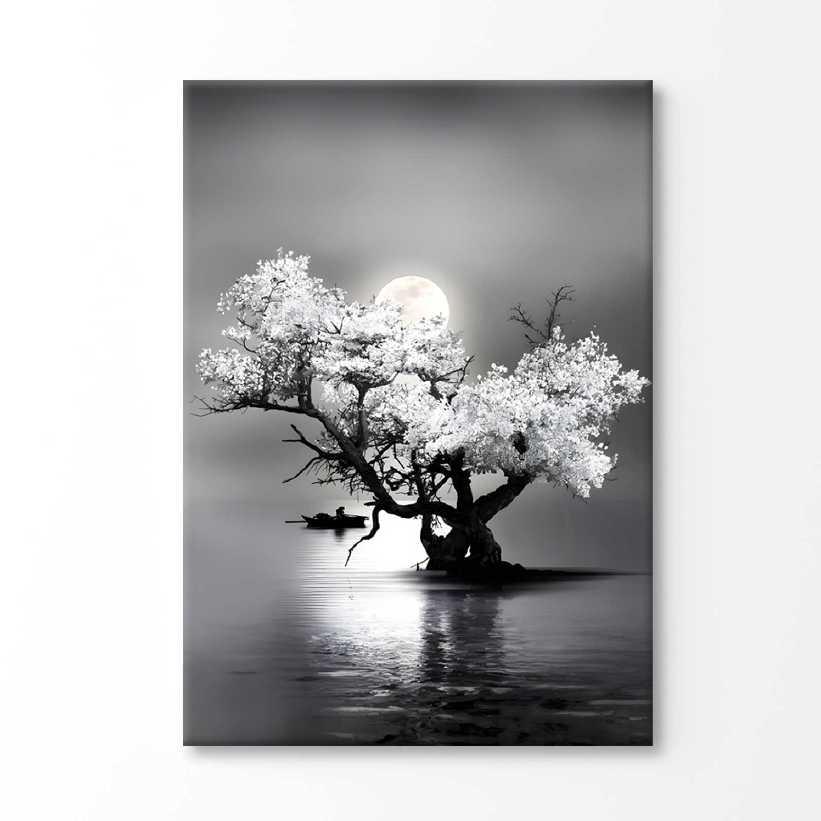 Bella Home Amazing Night View of Tree on Lake with Full Moon Print Canvas Ready to hang