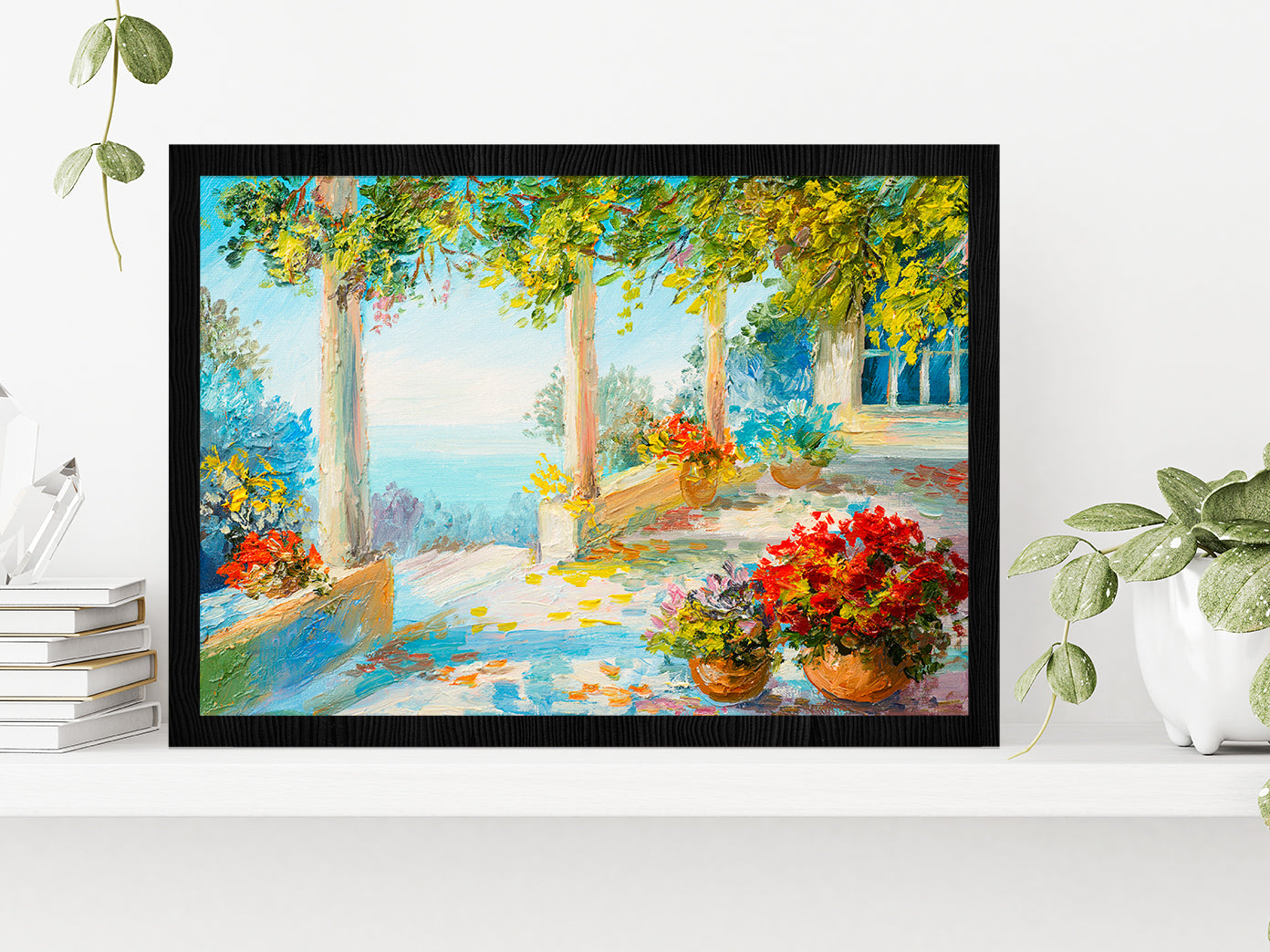 Flower Vase & Terrace Near The Sea Glass Framed Wall Art, Ready to Hang Quality Print Without White Border Black