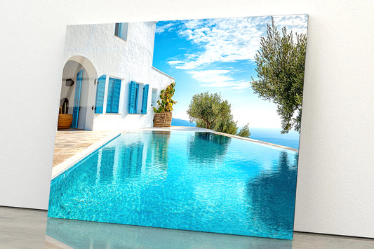 Swimming Pool, White House, Sky Acrylic Glass Print Tempered Glass Wall Art 100% Made in Australia Ready to Hang - Bella Home Decor