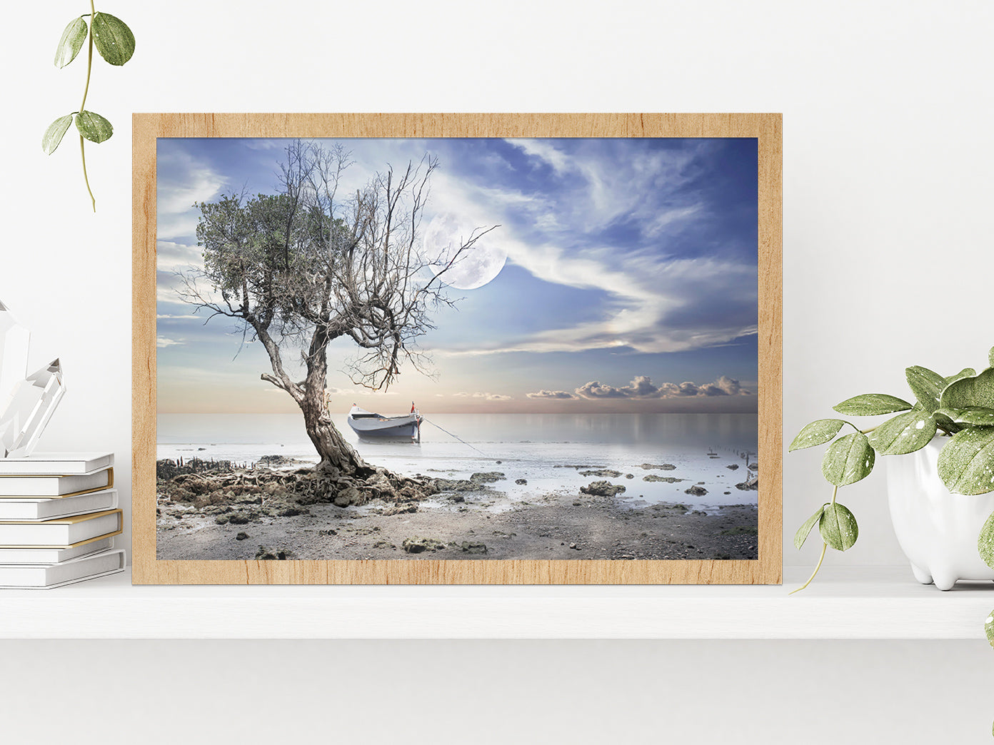 Dead Tree near Sea & Boat View Photograph Glass Framed Wall Art, Ready to Hang Quality Print Without White Border Oak