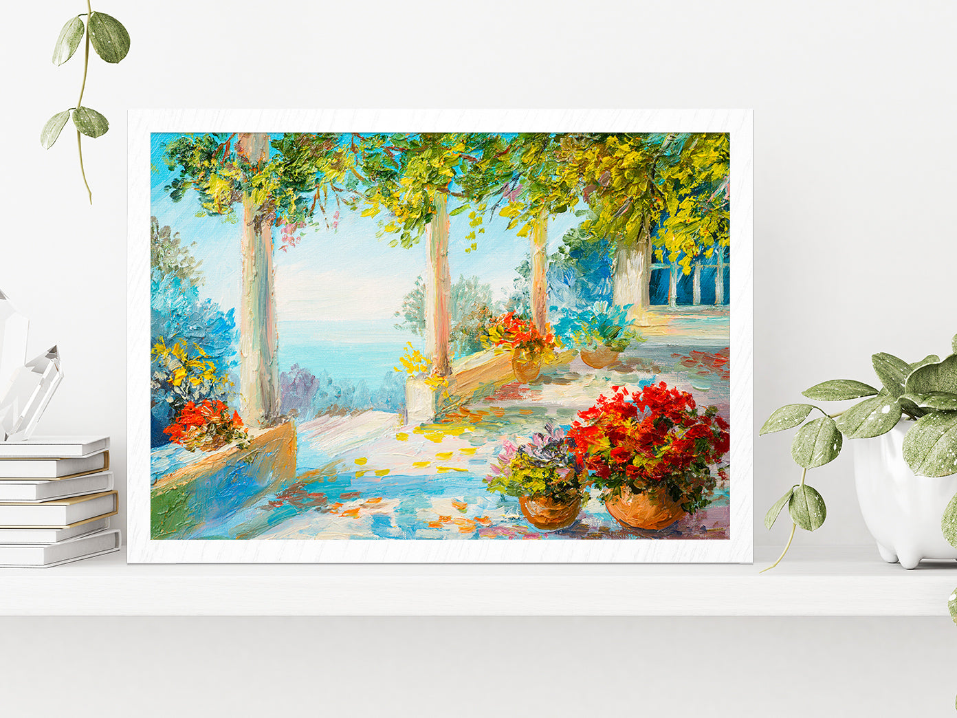 Flower Vase & Terrace Near The Sea Glass Framed Wall Art, Ready to Hang Quality Print Without White Border White