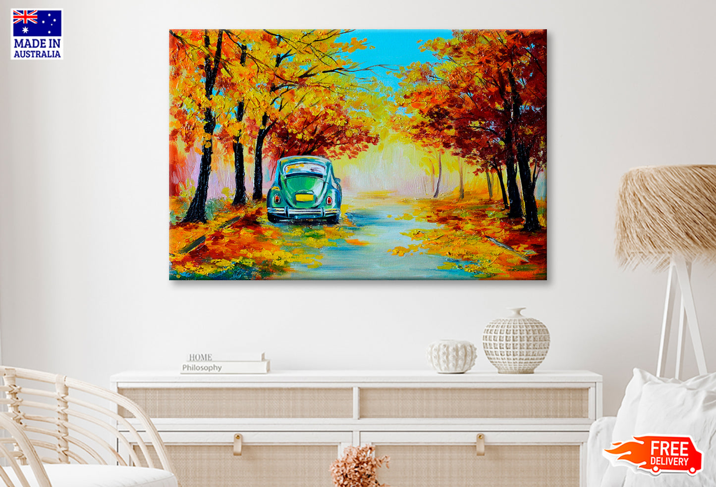 Car In The Colorful Autumn Forest Road Wall Art Limited Edition High Quality Print