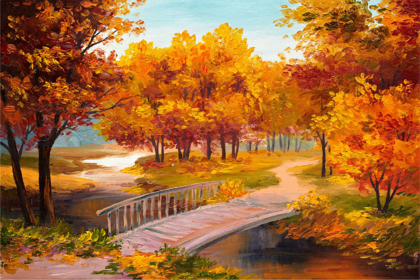 Autumn Forest With A River & Bridge Over The River Painting Glass Framed Wall Art, Ready to Hang Quality Print