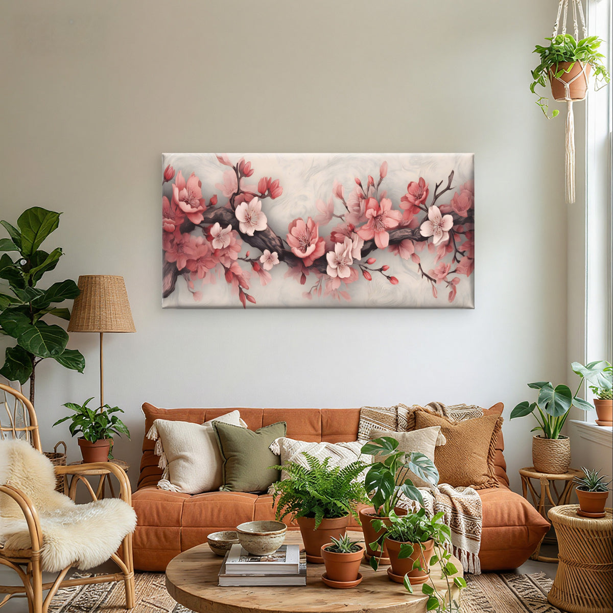 Pink Cherry Blossom Floral Tree Branch Painting Wall Art Canvas Office Home Framed 120x60cm