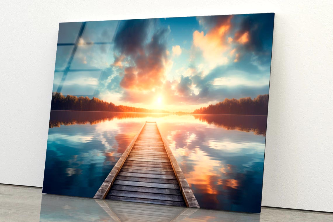Wooden Pier Over a Calm Lake During Sunrise  Acrylic Glass Print Tempered Glass Wall Art 100% Made in Australia Ready to Hang - Bella Home Decor