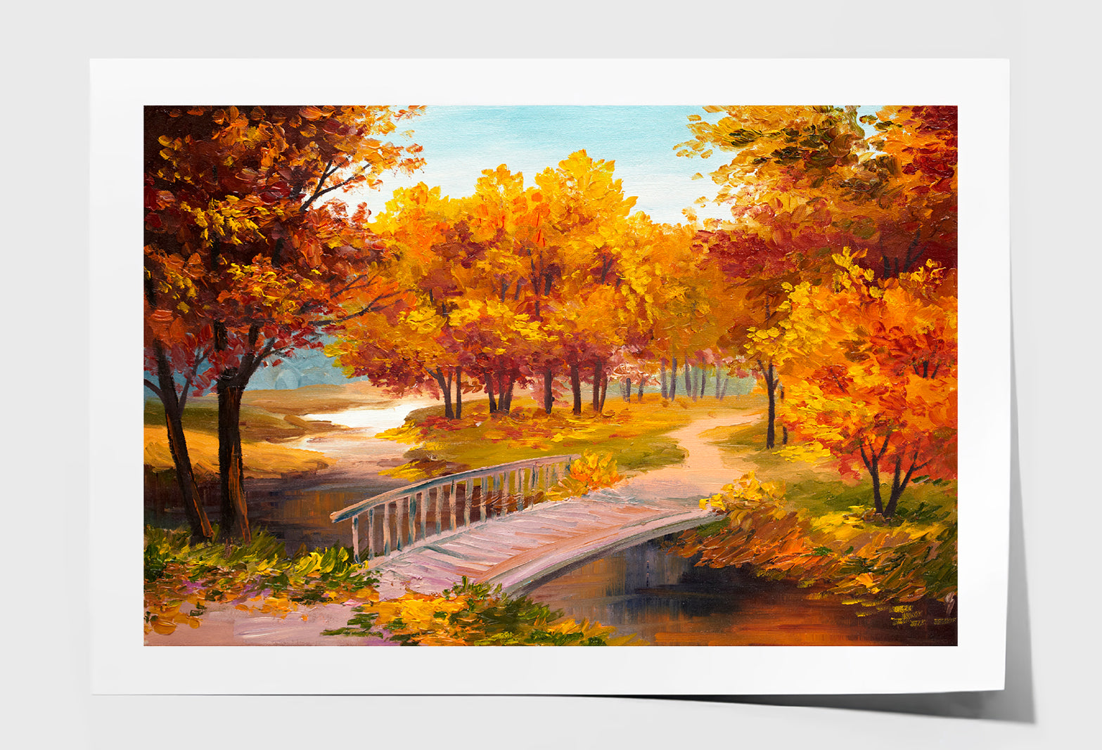 Autumn Forest With A River & Bridge Over The River Painting Wall Art Limited Edition High Quality Print Unframed Roll Canvas None