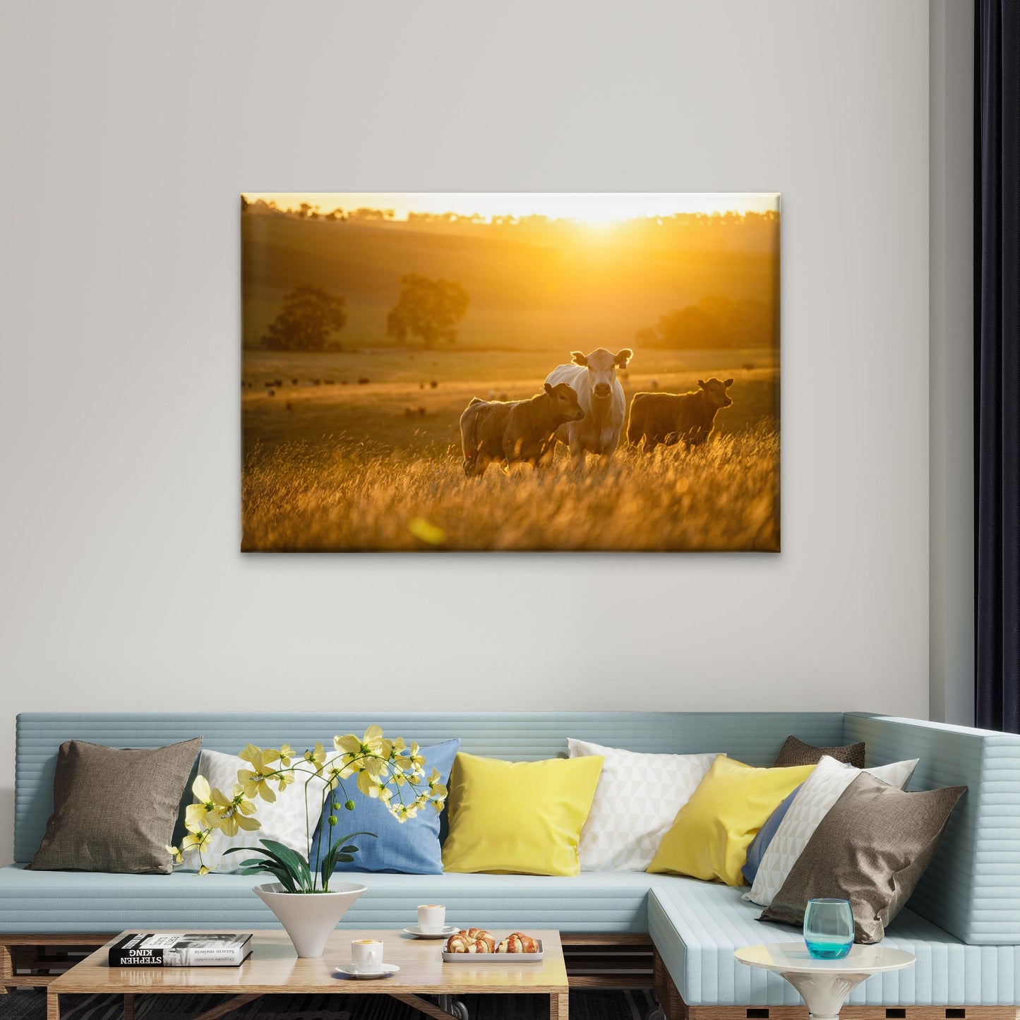 A Cow and Her Calves Standing in the Sun-Drenched Fields of the Australian Outback Wall Art Decor 100% Australian Made