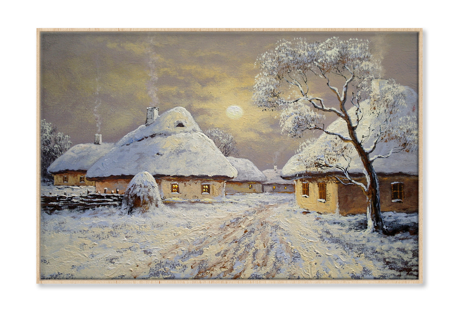 Winter Village Houses & Night Moon Sky Painting Wall Art Limited Edition High Quality Print Canvas Box Framed Natural