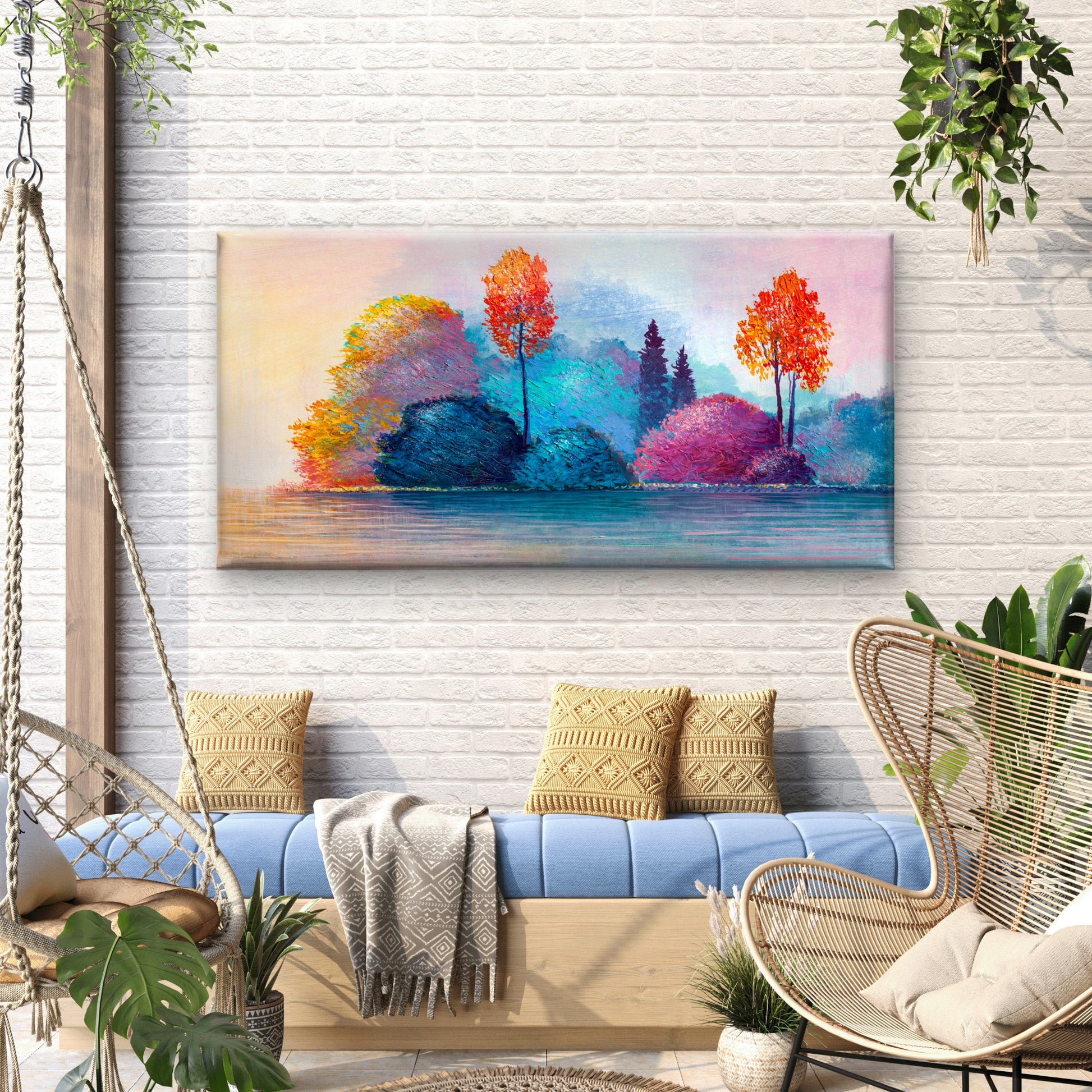 Impasto Autumn Lake Landscape Wall Art Canvas Office Home Room Framed 120x60cm