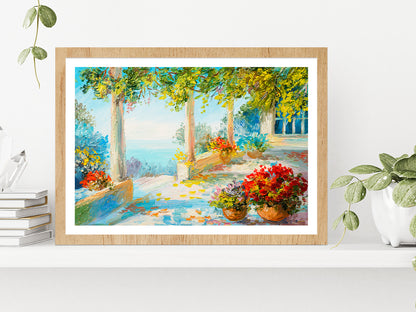 Flower Vase & Terrace Near The Sea Glass Framed Wall Art, Ready to Hang Quality Print With White Border Oak