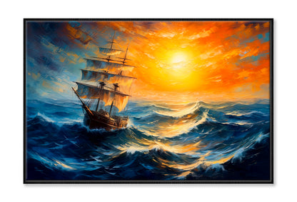 Sailboat Boat at Sunset On The Ocean Oil Painting Wall Art Limited Edition High Quality Print Canvas Box Framed Black