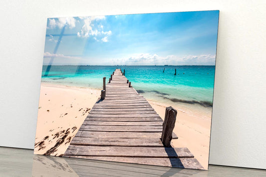 Wooden Pier on Caribbean Beach, Cancun, Isla Mujeres Acrylic Glass Print Tempered Glass Wall Art 100% Made in Australia Ready to Hang