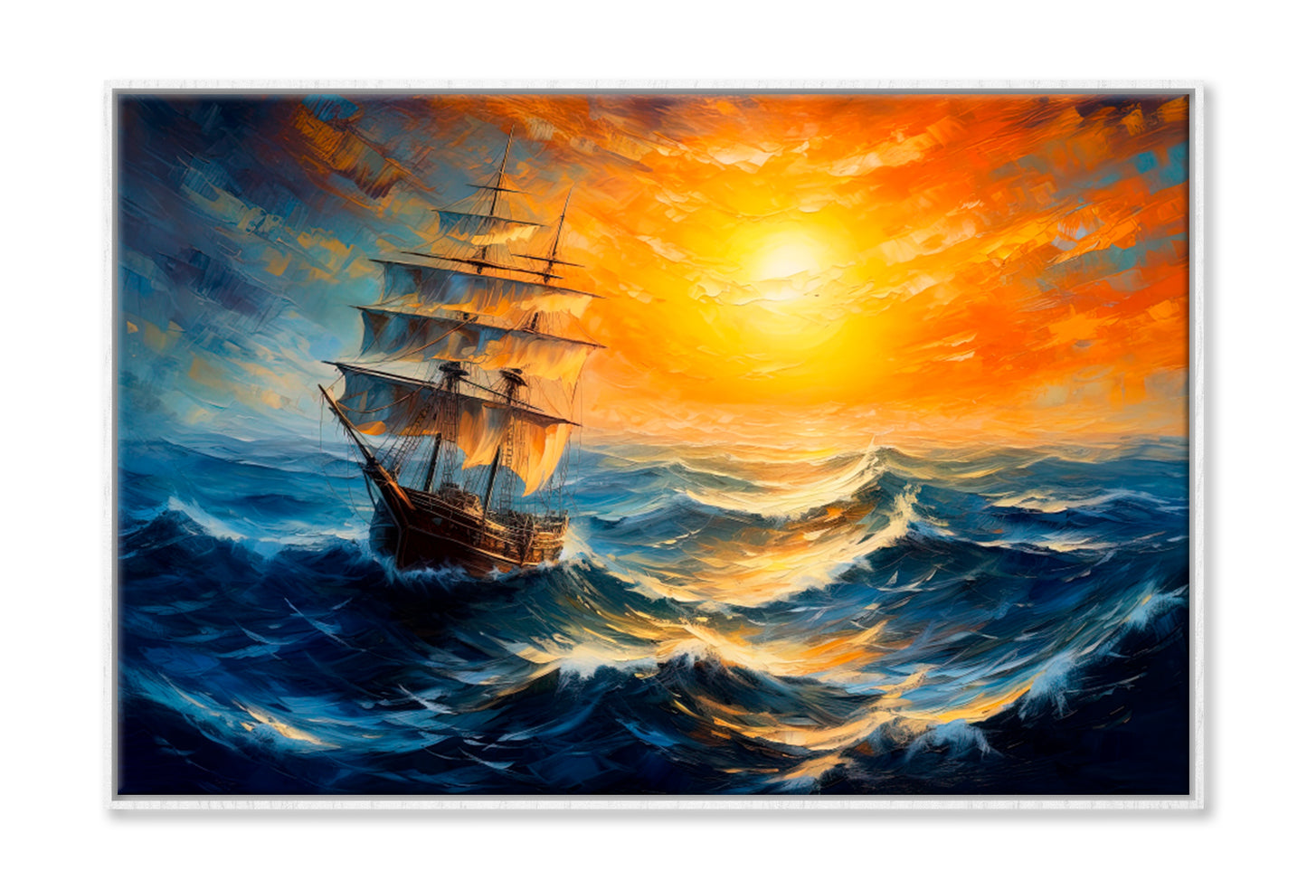 Sailboat Boat at Sunset On The Ocean Oil Painting Wall Art Limited Edition High Quality Print Canvas Box Framed White