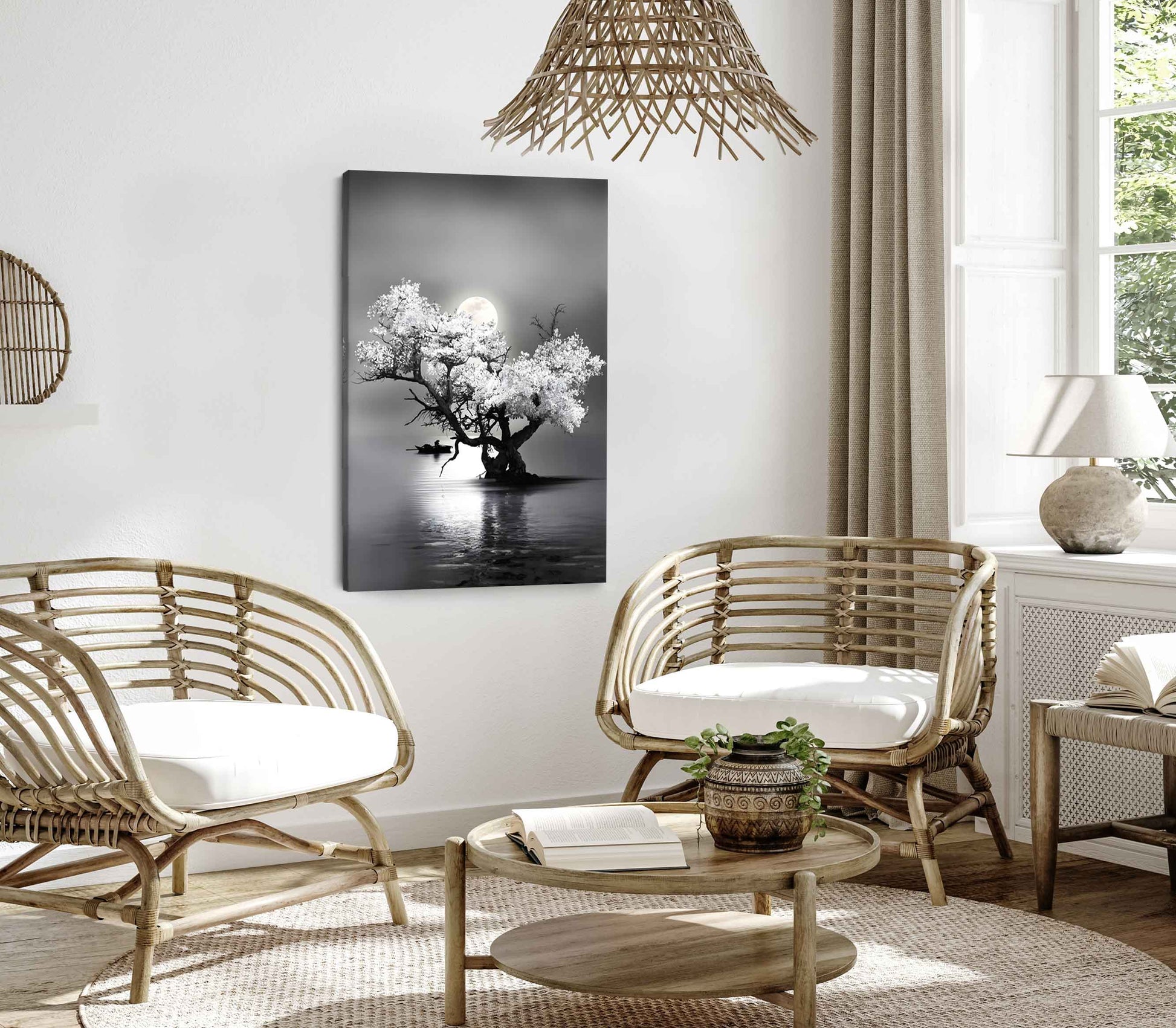 Bella Home Amazing Night View of Tree on Lake with Full Moon Print Canvas Ready to hang