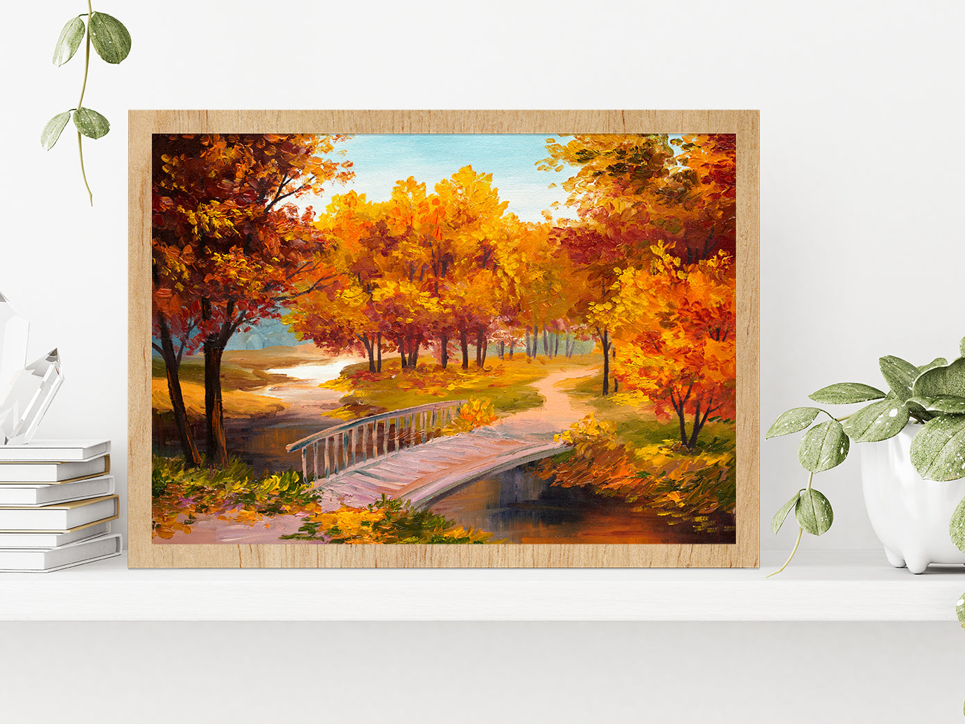 Autumn Forest With A River & Bridge Over The River Painting Glass Framed Wall Art, Ready to Hang Quality Print Without White Border Oak