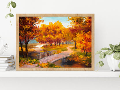 Autumn Forest With A River & Bridge Over The River Painting Glass Framed Wall Art, Ready to Hang Quality Print Without White Border Oak