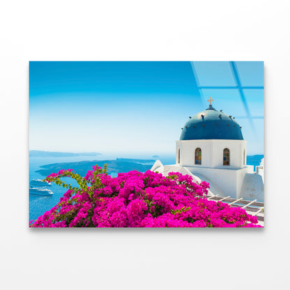 Pink Bougainvillea in Santorini Acrylic Glass Print Tempered Glass Wall Art 100% Made in Australia Ready to Hang - Bella Home Decor