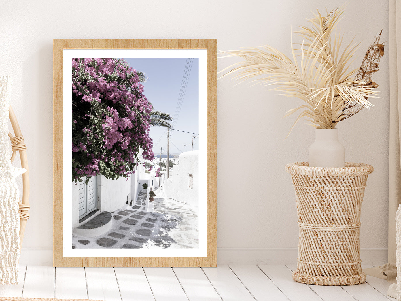 House near Flower Trees Street Photograph Glass Framed Wall Art, Ready to Hang Quality Print With White Border Oak