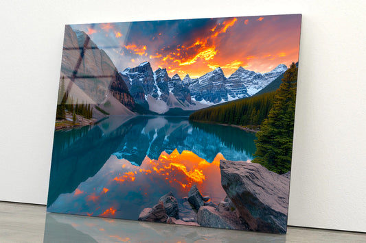 Colorful Sunrise View of Moraine Lake & Mountains Acrylic Glass Print Tempered Glass Wall Art 100% Made in Australia Ready to Hang