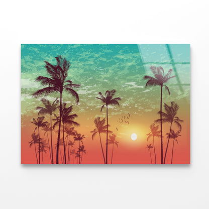 Sky and Palm Trees with Sunset Acrylic Glass Print Tempered Glass Wall Art 100% Made in Australia Ready to Hang - Bella Home Decor