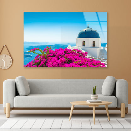 Pink Bougainvillea in Santorini Acrylic Glass Print Tempered Glass Wall Art 100% Made in Australia Ready to Hang - Bella Home Decor