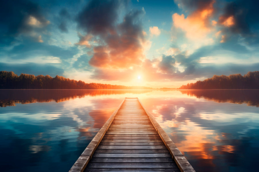 Wooden Pier Over a Calm Lake During Sunrise  Acrylic Glass Print Tempered Glass Wall Art 100% Made in Australia Ready to Hang - Bella Home Decor