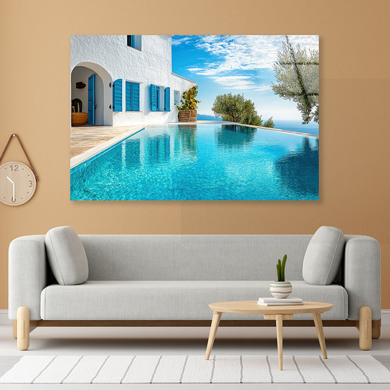 Swimming Pool, White House, Sky Acrylic Glass Print Tempered Glass Wall Art 100% Made in Australia Ready to Hang - Bella Home Decor