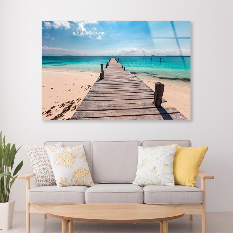 Wooden Pier on Caribbean Beach, Cancun, Isla Mujeres Acrylic Glass Print Tempered Glass Wall Art 100% Made in Australia Ready to Hang