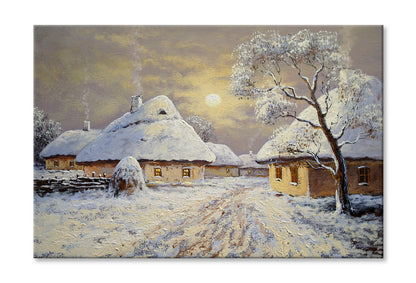 Winter Village Houses & Night Moon Sky Painting Wall Art Limited Edition High Quality Print Stretched Canvas None