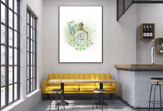 Green Colored Perfume with Flowers Design Home Decor Premium Quality Poster Print Choose Your Sizes