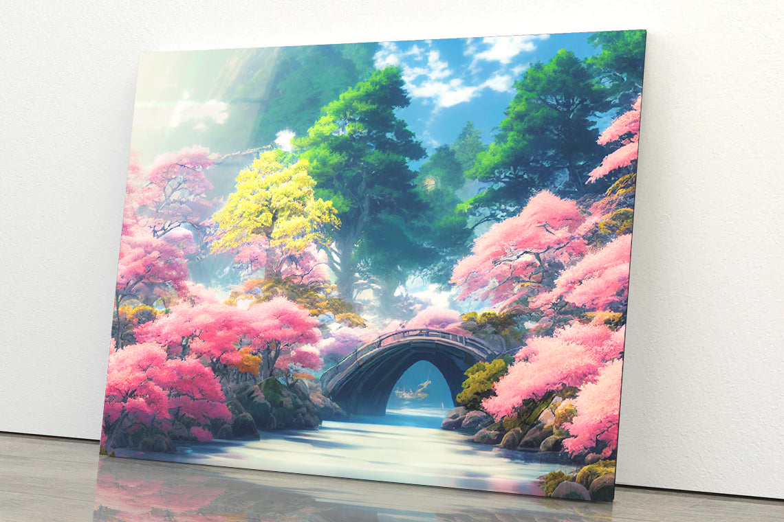 Pink Cherry Trees, Bridge Acrylic Glass Print Tempered Glass Wall Art 100% Made in Australia Ready to Hang - Bella Home Decor